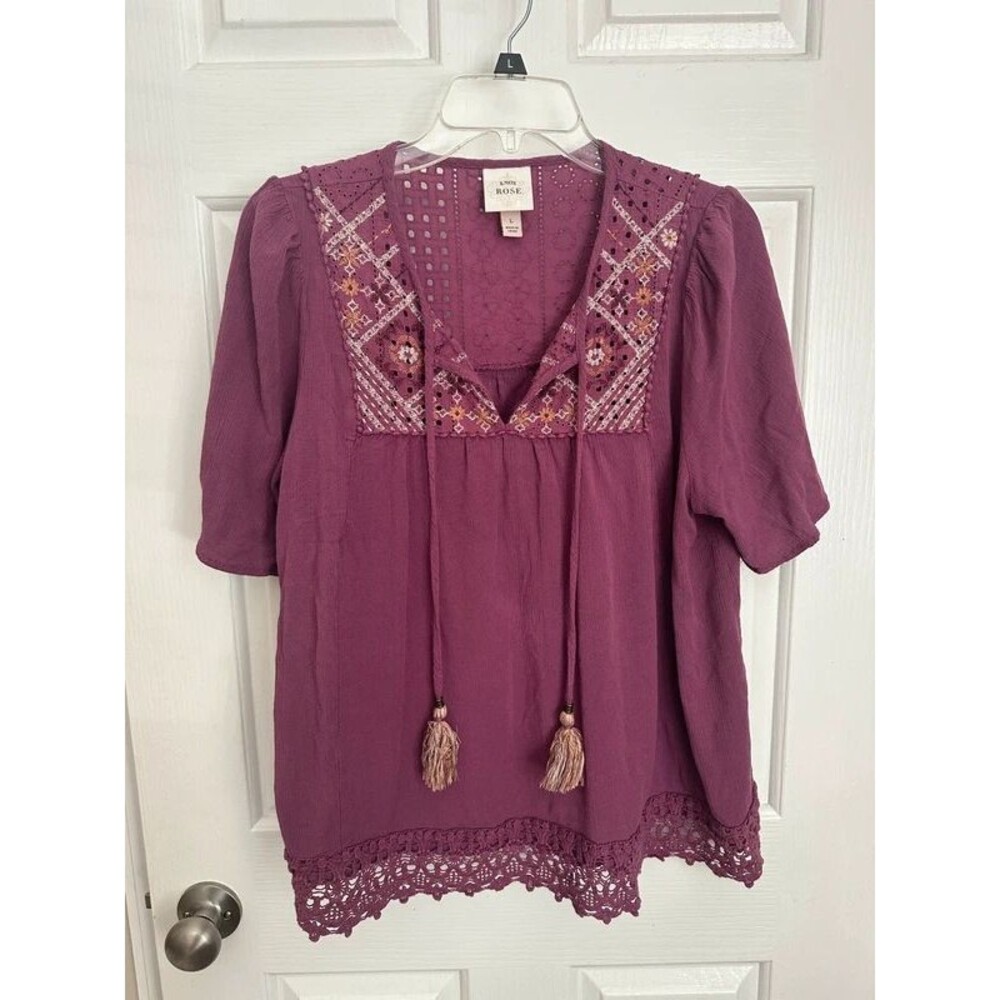Purple Boho Peasant Top with Embroidery and Lace Detail